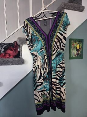 Bisou Bisou Turquoise, Black & Purple V-Neck Zebra-Print Midi Dress